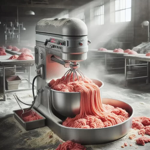 عکس ساخته شده توسط هوش مصنوعی از خمیر گیر در حال همزدن گوشت چرخ شده